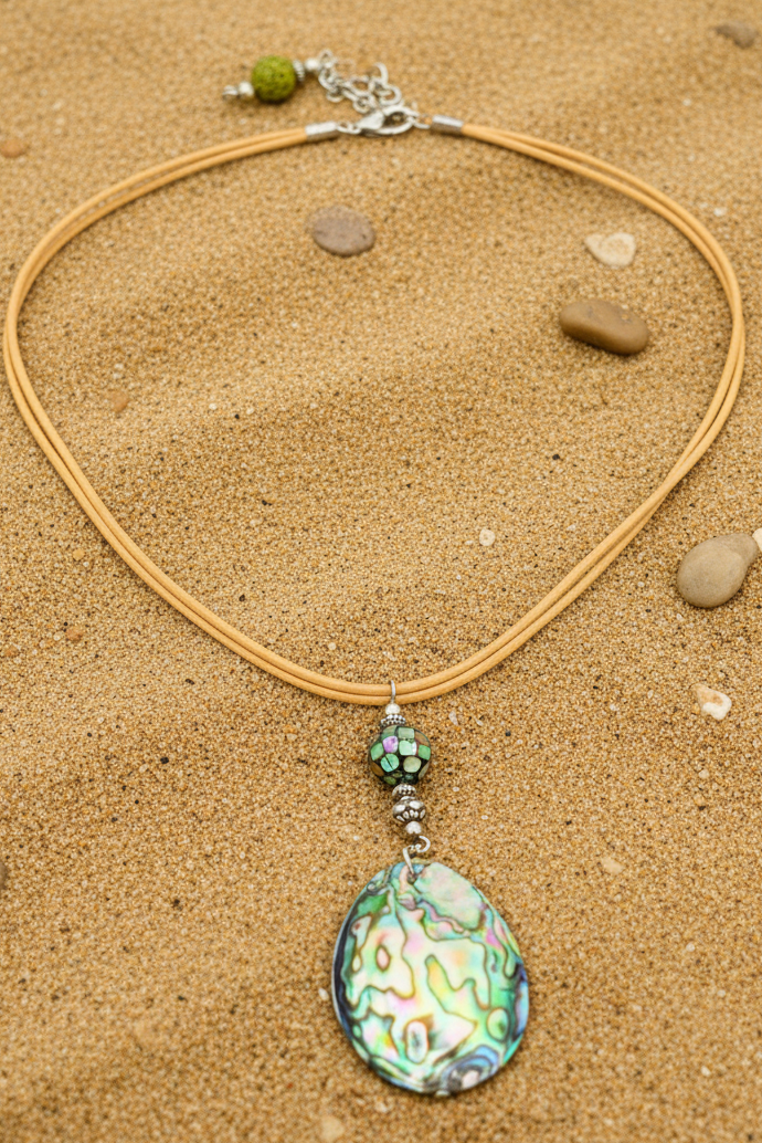 Natural Abalone Shell Pendant Necklace with Tan Leather Cord