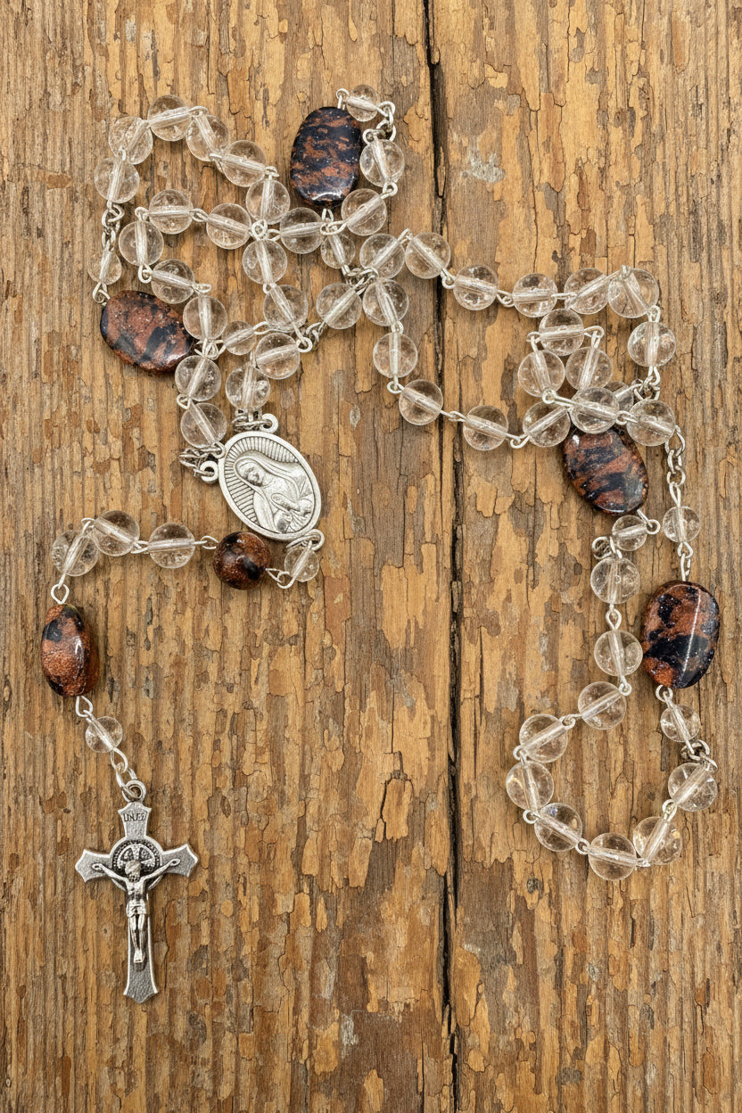 Clear Glass Rosary Featuring Sandstone Accent Bead