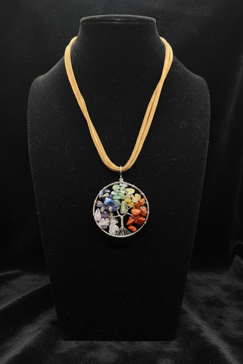 Chakra Tree of Life Pendant Necklace, Wire Wrapped Rainbow Crystal Chip Pendant on Tan Suede Cord, Boho Chic Spiritual Gemstone Jewelry