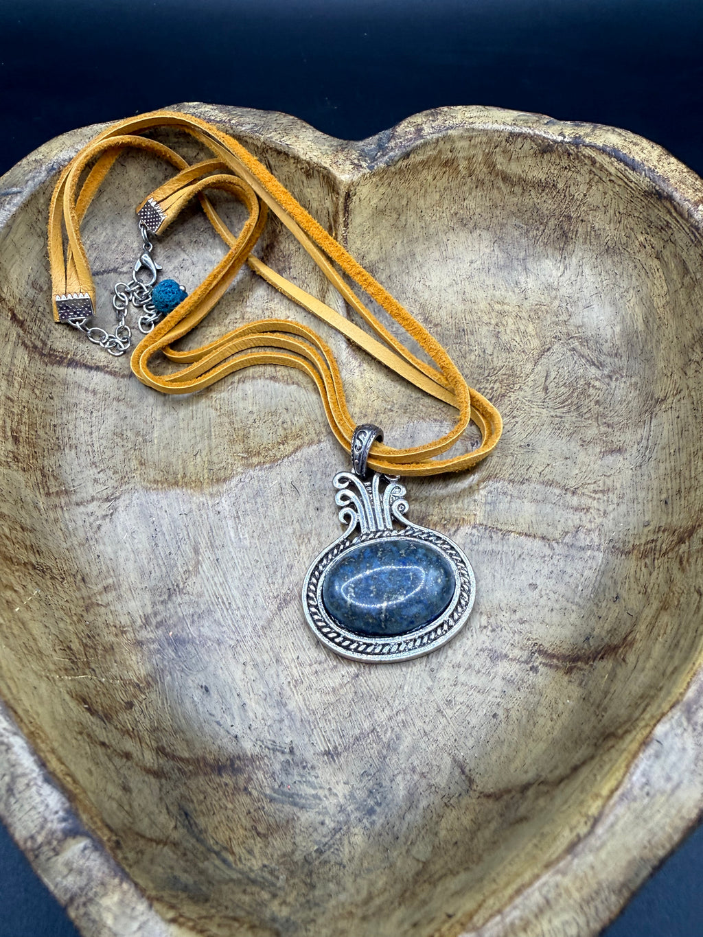 Boho Lapis Lazuli Oval Pendant Necklace, Ornate Silver Framed Blue Gemstone Charm, Double Strand Yellow-Ochre Suede Cord, Tribal Artisan Statement Jewelry