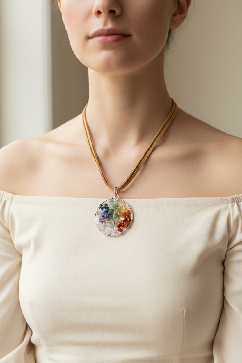 Chakra Tree of Life Pendant Necklace, Wire Wrapped Rainbow Crystal Chip Pendant on Tan Suede Cord, Boho Chic Spiritual Gemstone Jewelry