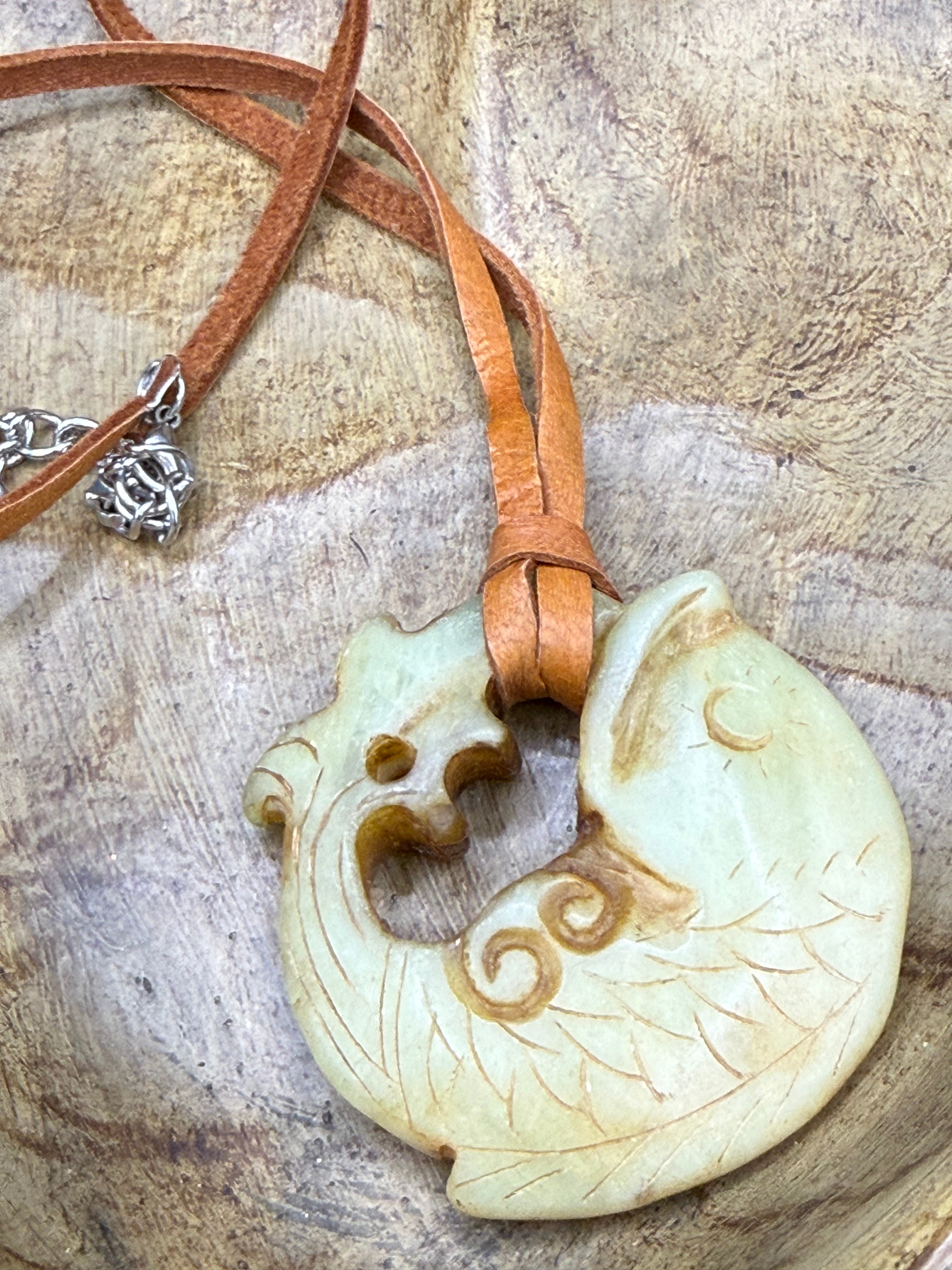 Hand-Carved Artisan Fish Pendant Necklace on Leather Cord