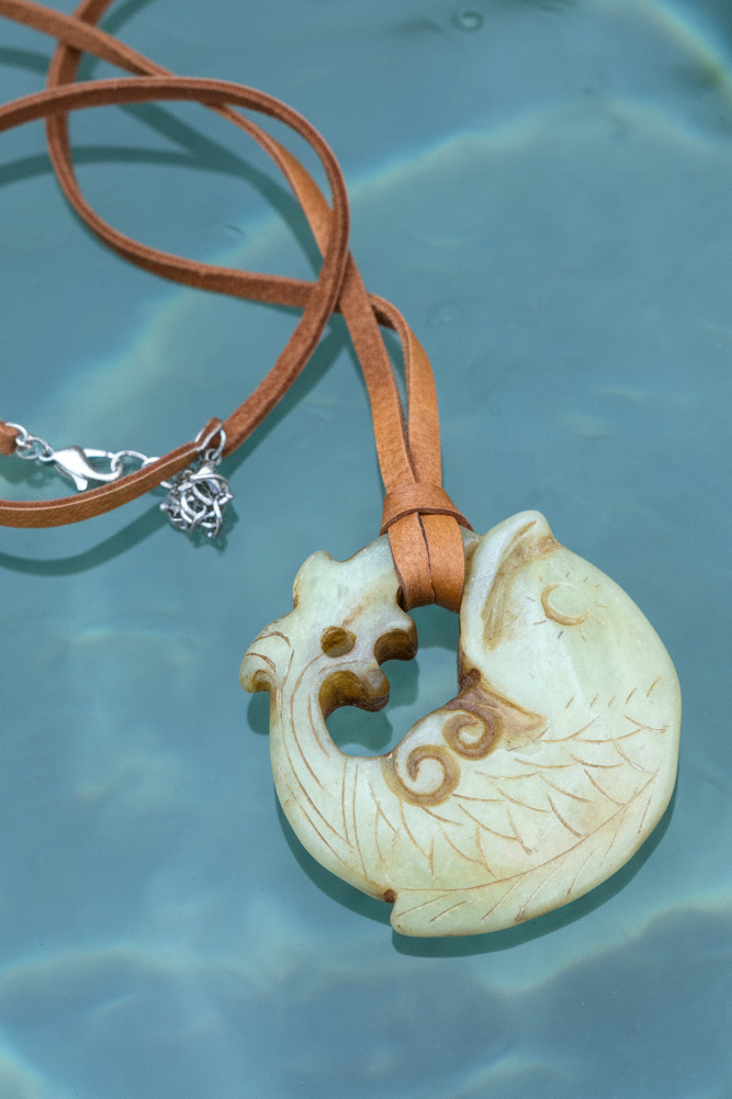 Hand-Carved Artisan Fish Pendant Necklace on Leather Cord