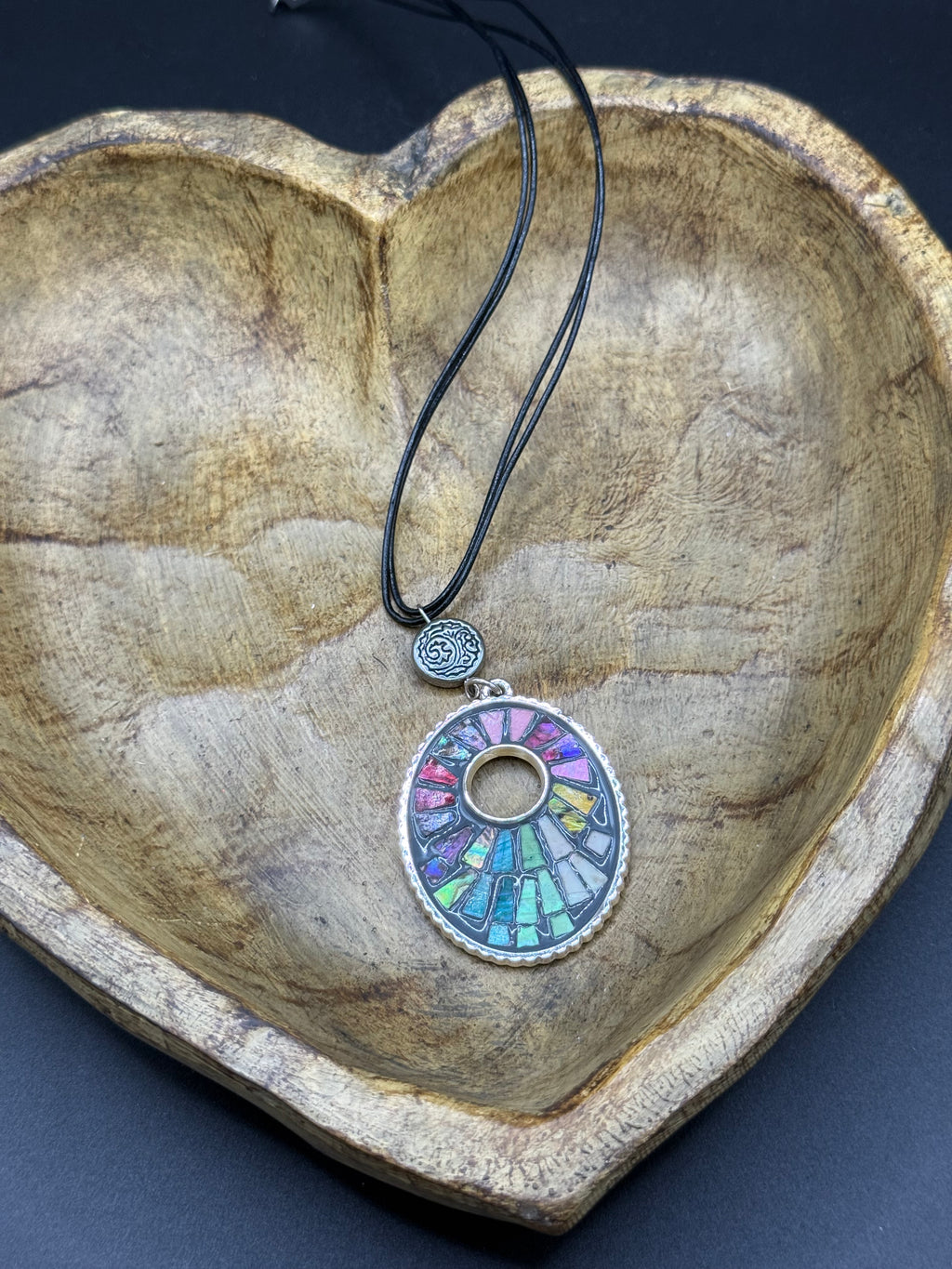 Colorful Mosaic Pendant Necklace, Rainbow Stained Glass Style Choker, Multi Strand Black Cord