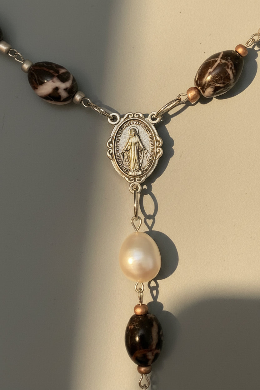 The Heirloom Wall Rosary – 38-Inch Vintage Black Marble Jasper & Clear Quartz