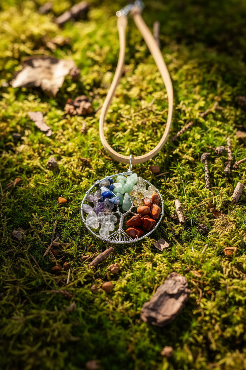 Chakra Tree of Life Pendant Necklace, Wire Wrapped Rainbow Crystal Chip Pendant on Tan Suede Cord, Boho Chic Spiritual Gemstone Jewelry
