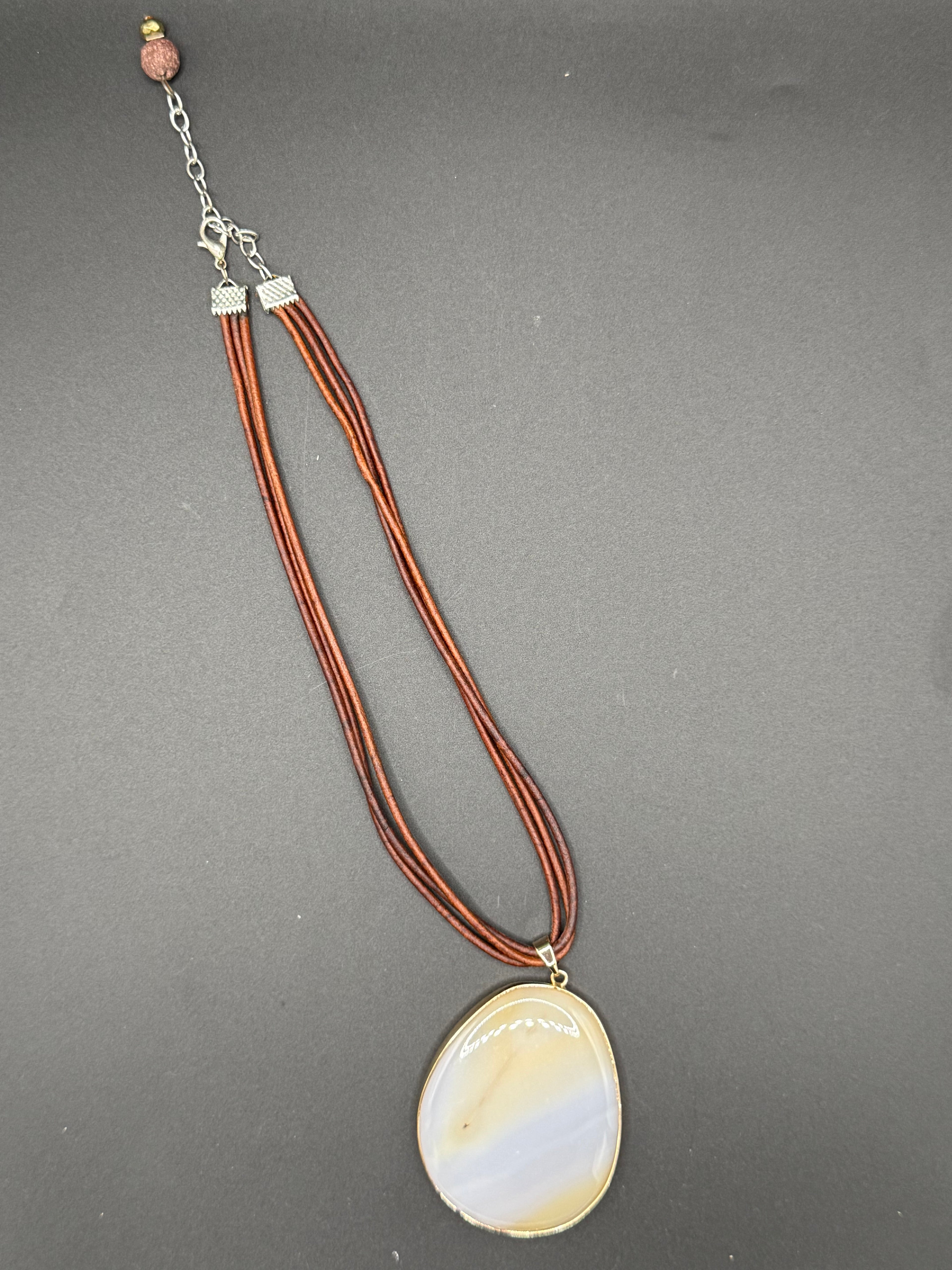 Natural Agate Slice Pendant Necklace | Gold Edged Polished Gemstone | Multi-Strand Brown Leather Cord | Boho Statement Jewelry Gift