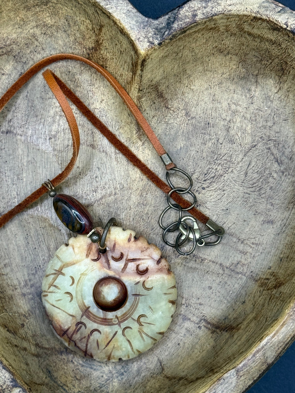 Carved Serpentine Jade Bi Disc Pendant Necklace | Tiger Iron Gemstone Boho Amulet