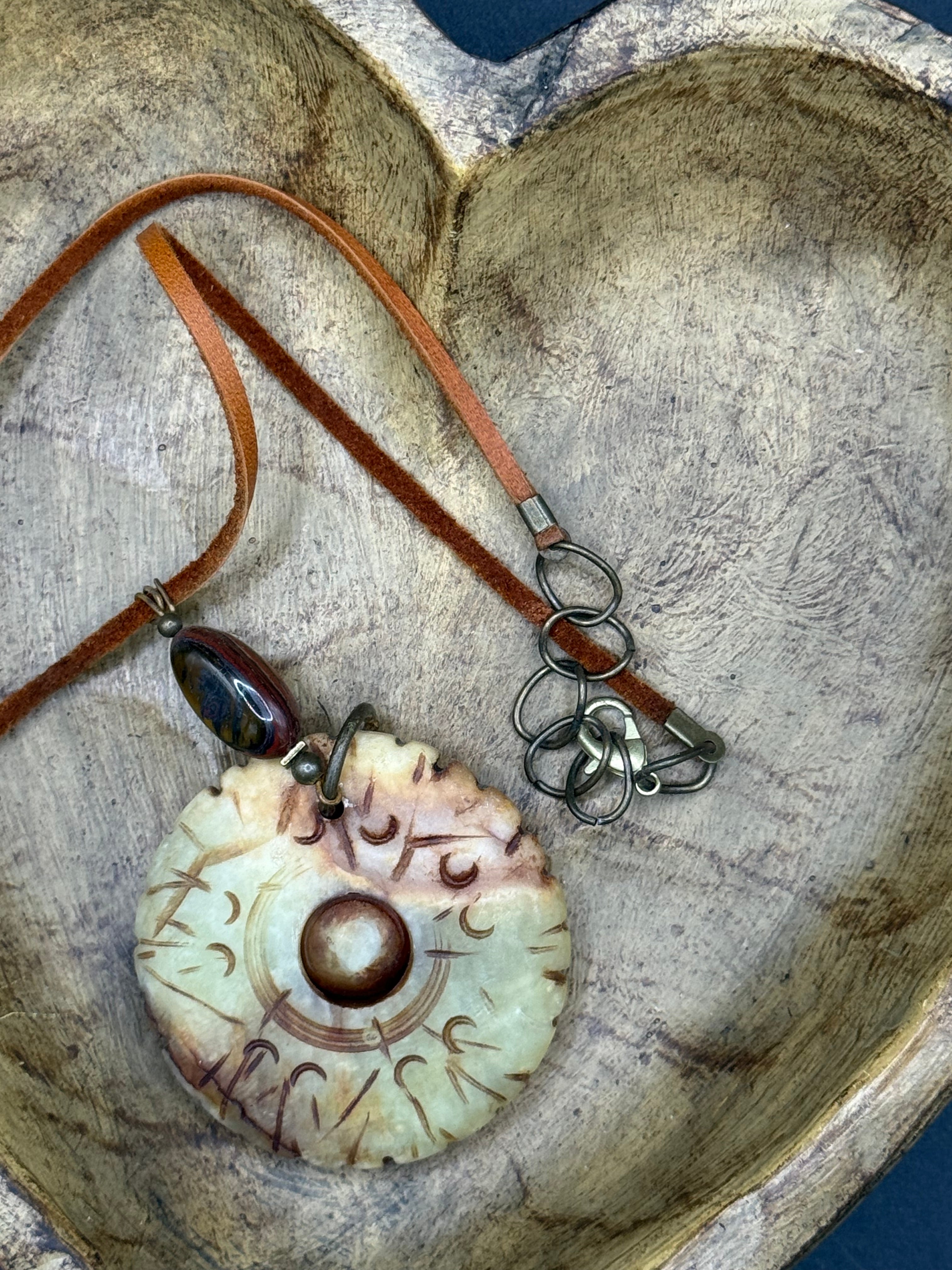 Carved Serpentine Jade Bi Disc Pendant Necklace | Tiger Iron Gemstone Boho Amulet