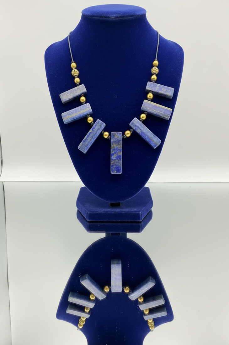 Lapis Lazuli Statement Necklace With Pyrite Gold Beads, Boho Artisan