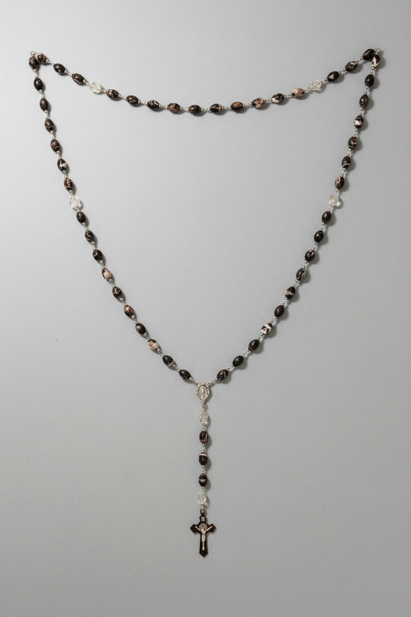 The Heirloom Wall Rosary – 38-Inch Vintage Black Marble Jasper & Clear Quartz