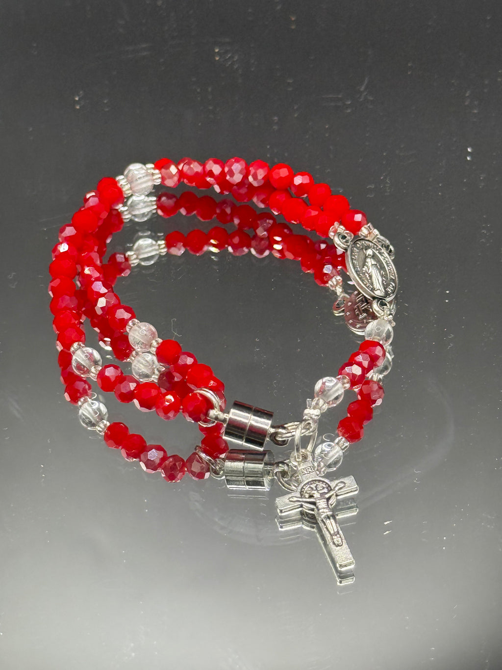 Red Crystal Rosary Bracelet – Miraculous Medal & Silver Crucifix | Handmade Catholic Gift