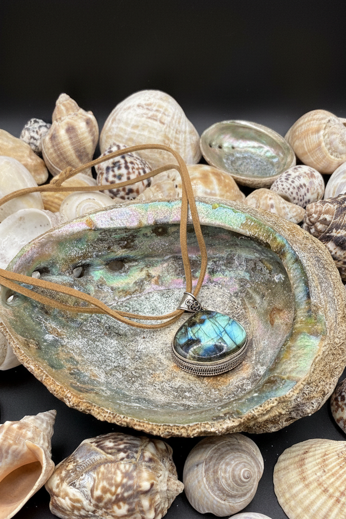 Large Teardrop Labradorite Statement Pendant Necklace – Boho Suede Cord Jewelry