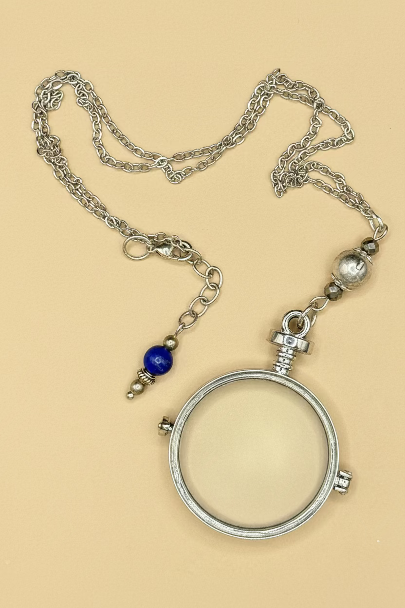 Vintage Style Magnifying Glass Necklace, Silver Monocle Pendant, Steampunk Cosplay Accessory