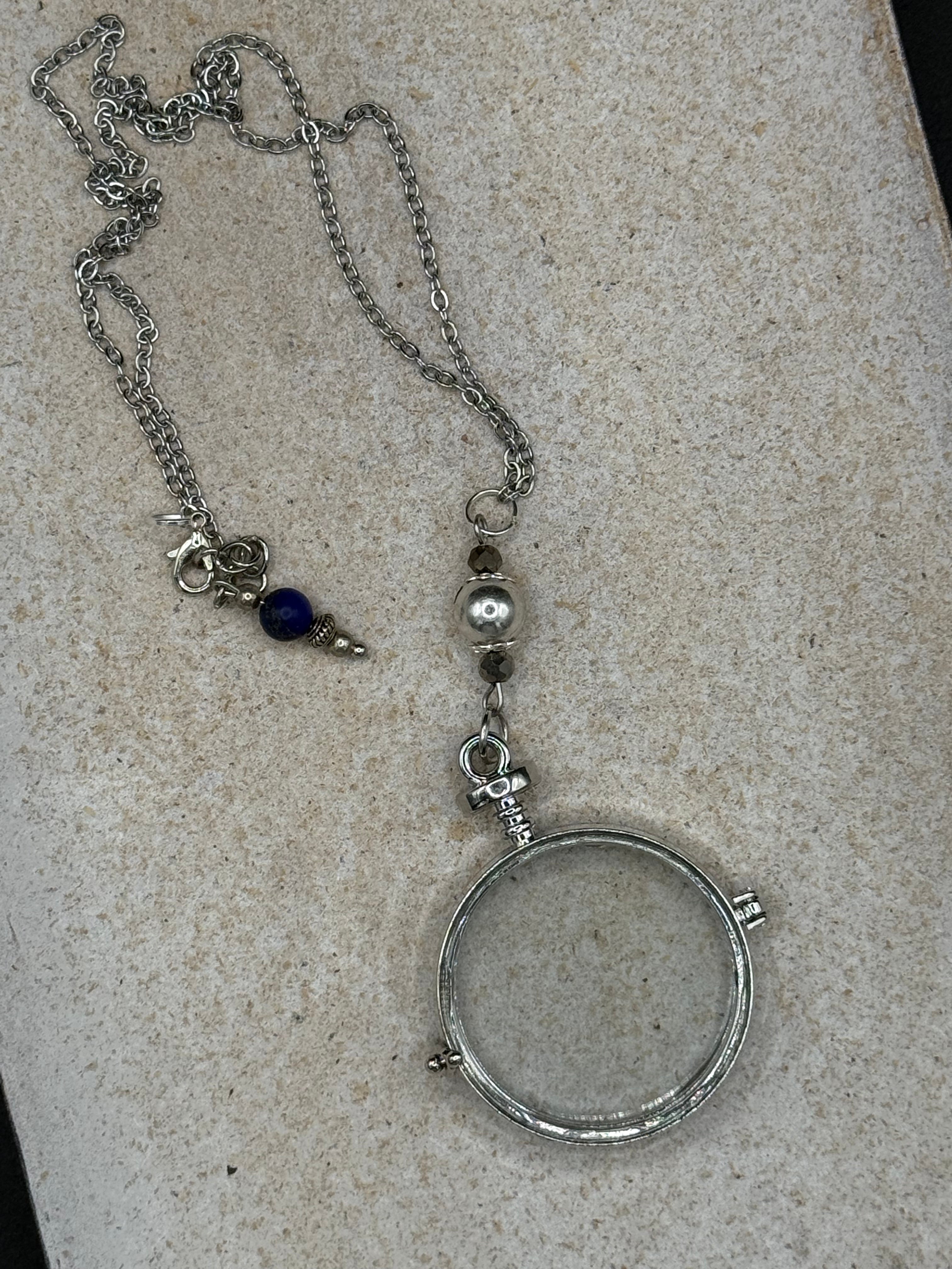 Vintage Style Magnifying Glass Necklace, Silver Monocle Pendant, Steampunk Cosplay Accessory