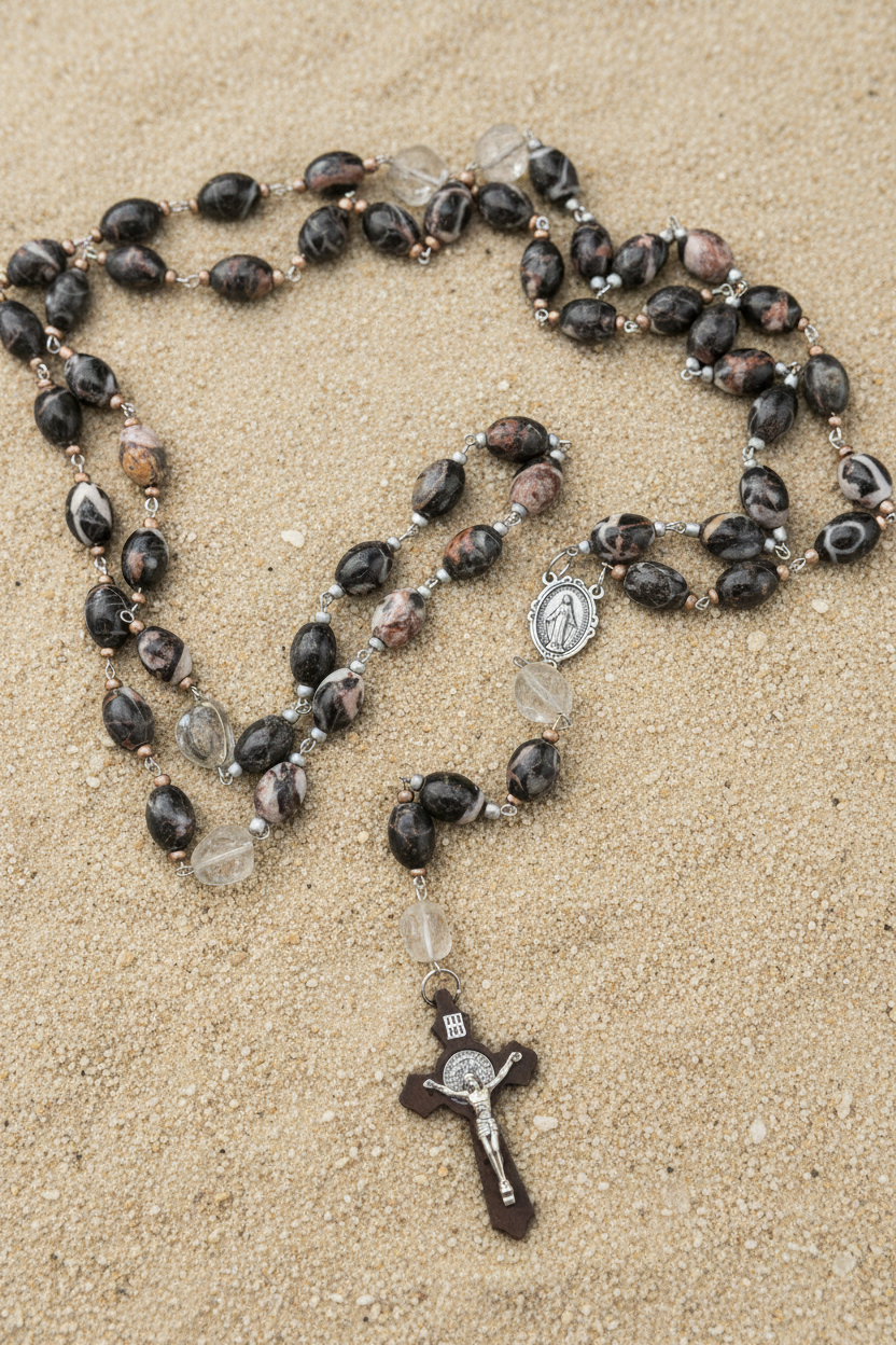 The Heirloom Wall Rosary – 38-Inch Vintage Black Marble Jasper & Clear Quartz