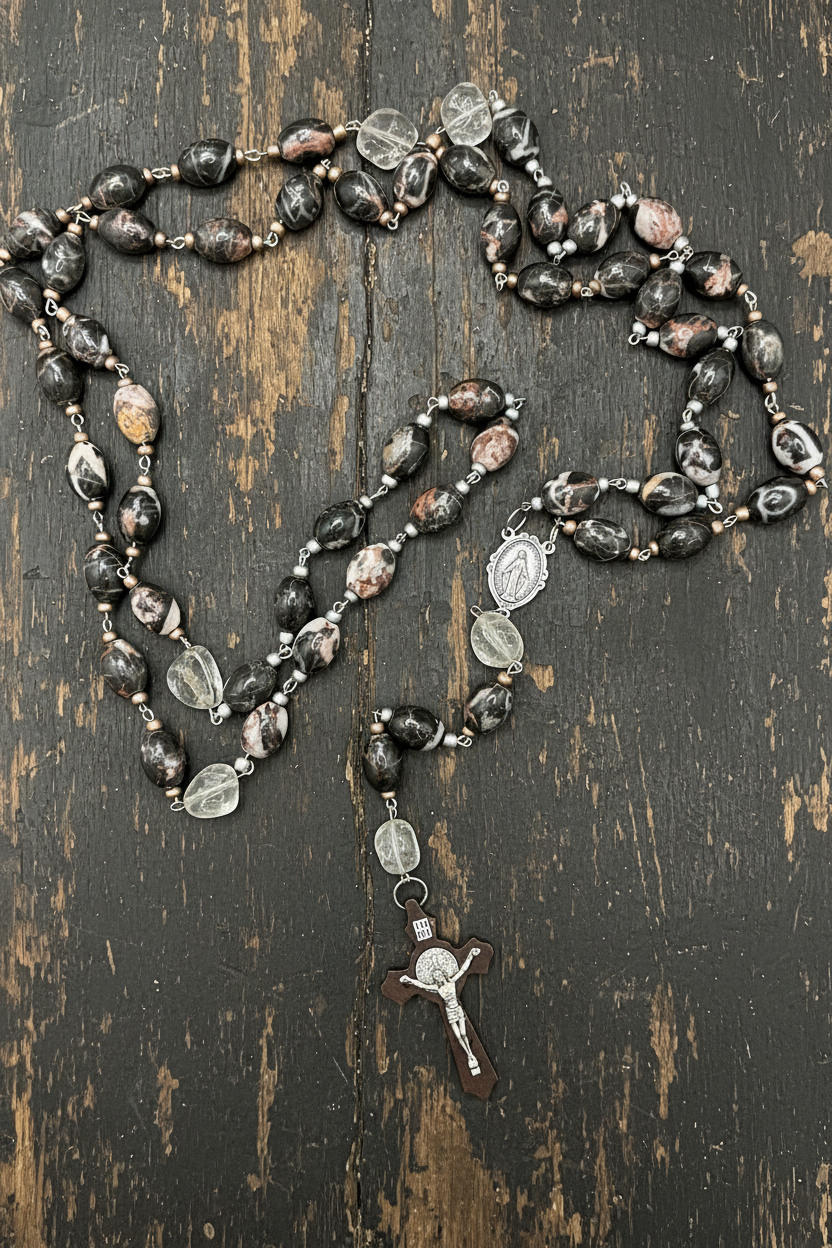 The Heirloom Wall Rosary – 38-Inch Vintage Black Marble Jasper & Clear Quartz