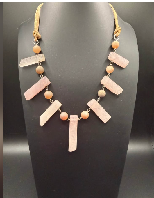 Rose quartz bib necklace with rectangular stone slabs and natural wood beads on cord