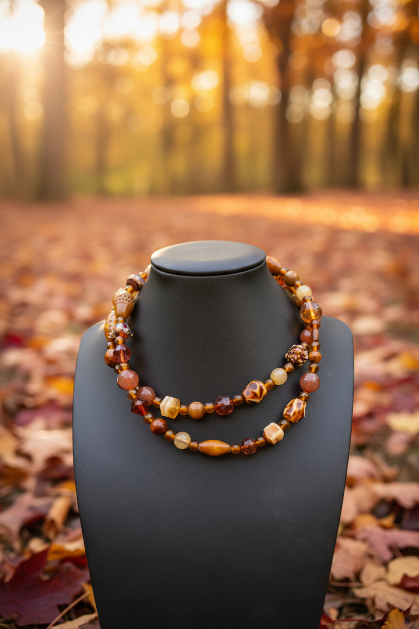 Vintage Layered Amber & Wood Mixed Material Statement Necklace