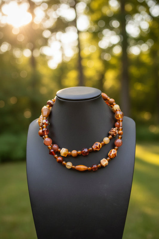 Vintage Layered Amber & Wood Mixed Material Statement Necklace