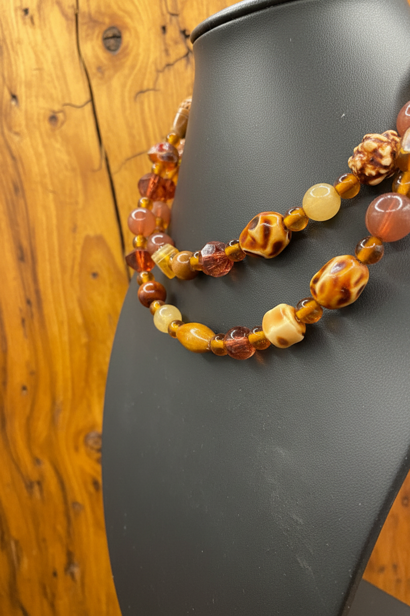 Vintage Layered Amber & Wood Mixed Material Statement Necklace