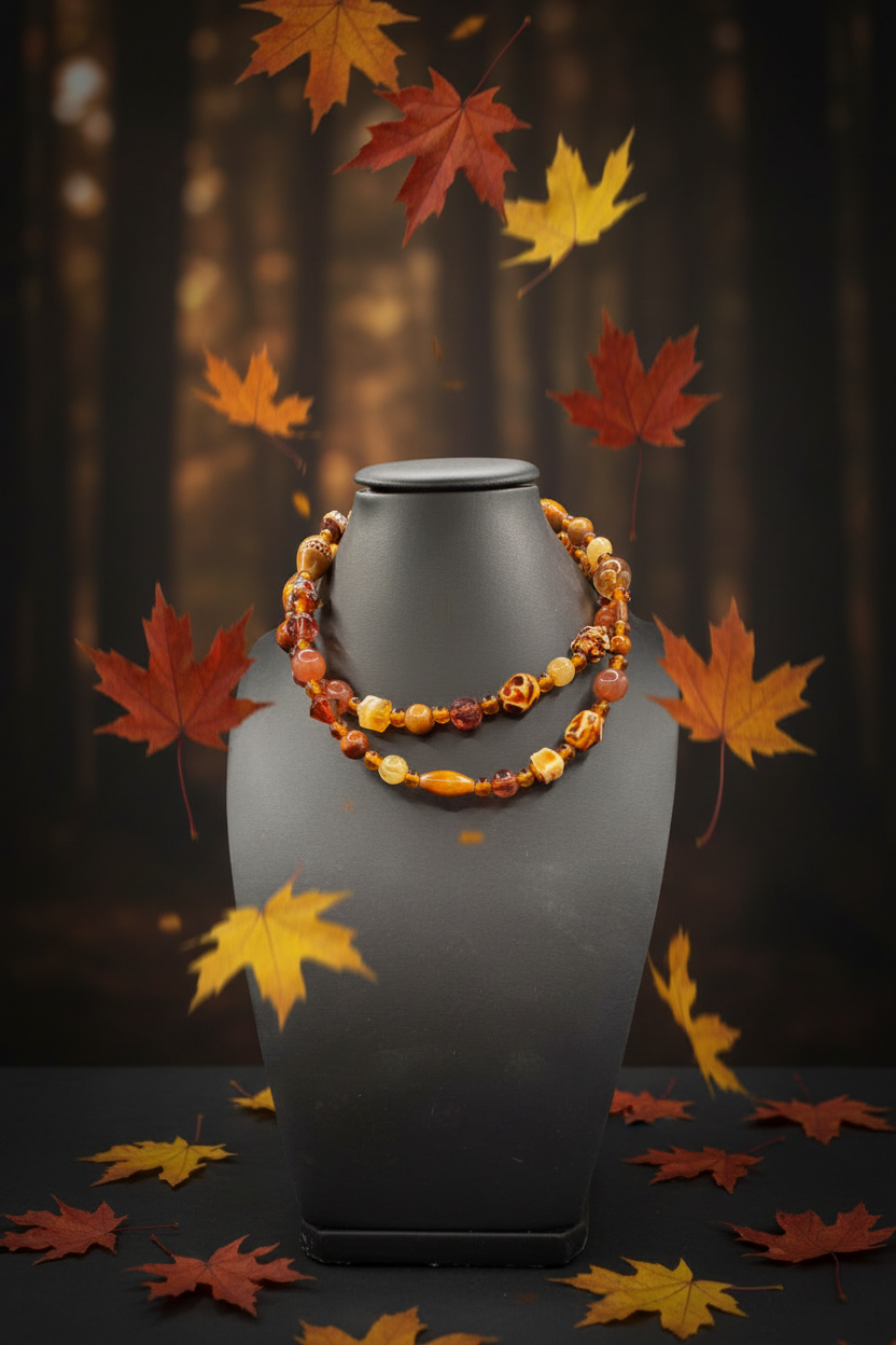 Vintage Layered Amber & Wood Mixed Material Statement Necklace