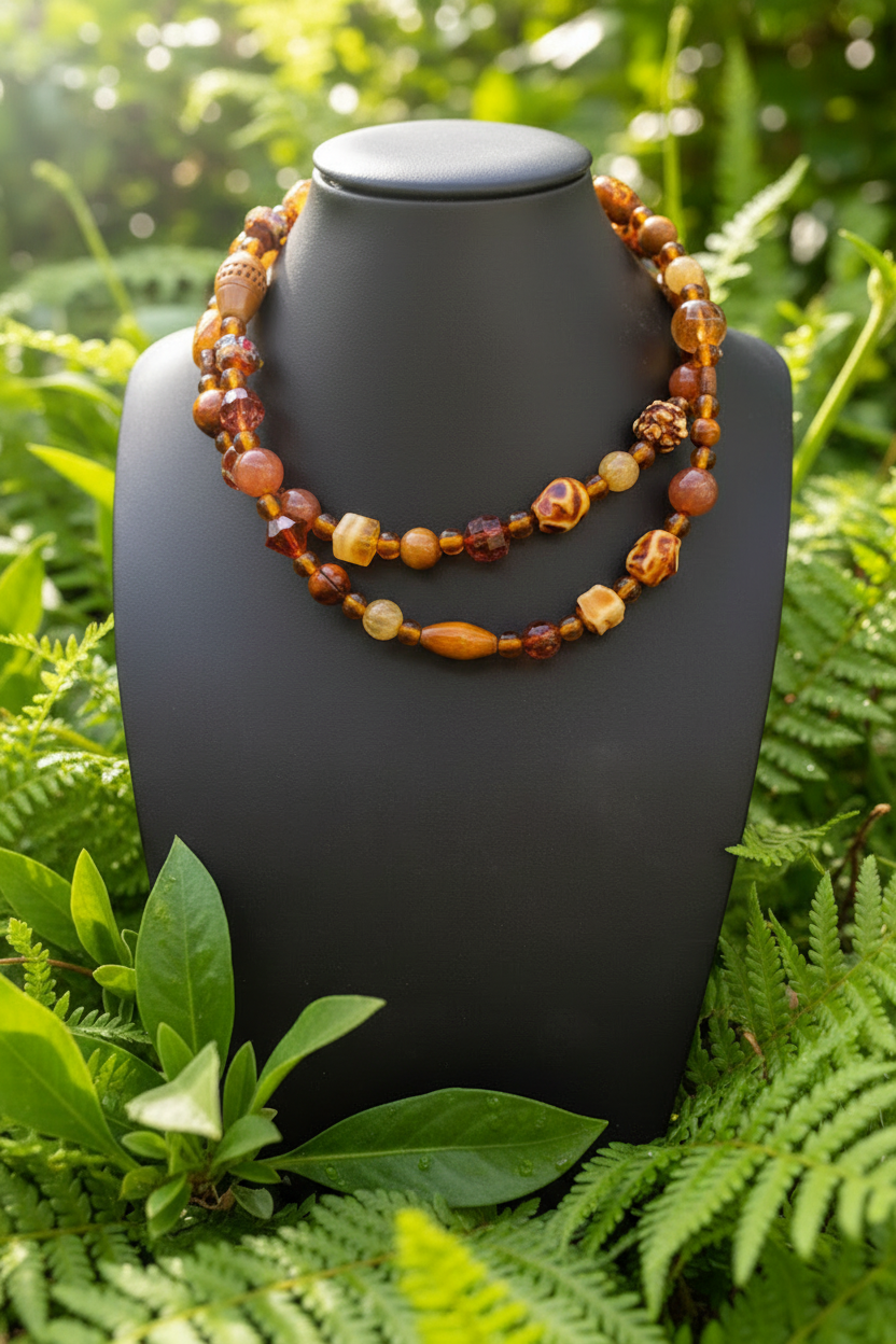 Vintage Layered Amber & Wood Mixed Material Statement Necklace