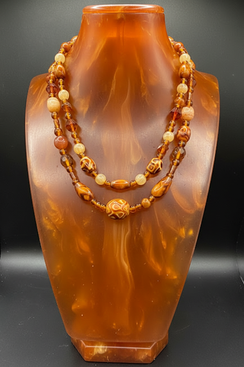 Vintage Layered Amber & Wood Mixed Material Statement Necklace
