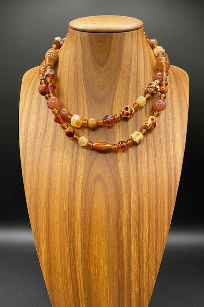 Vintage Layered Amber & Wood Mixed Material Statement Necklace