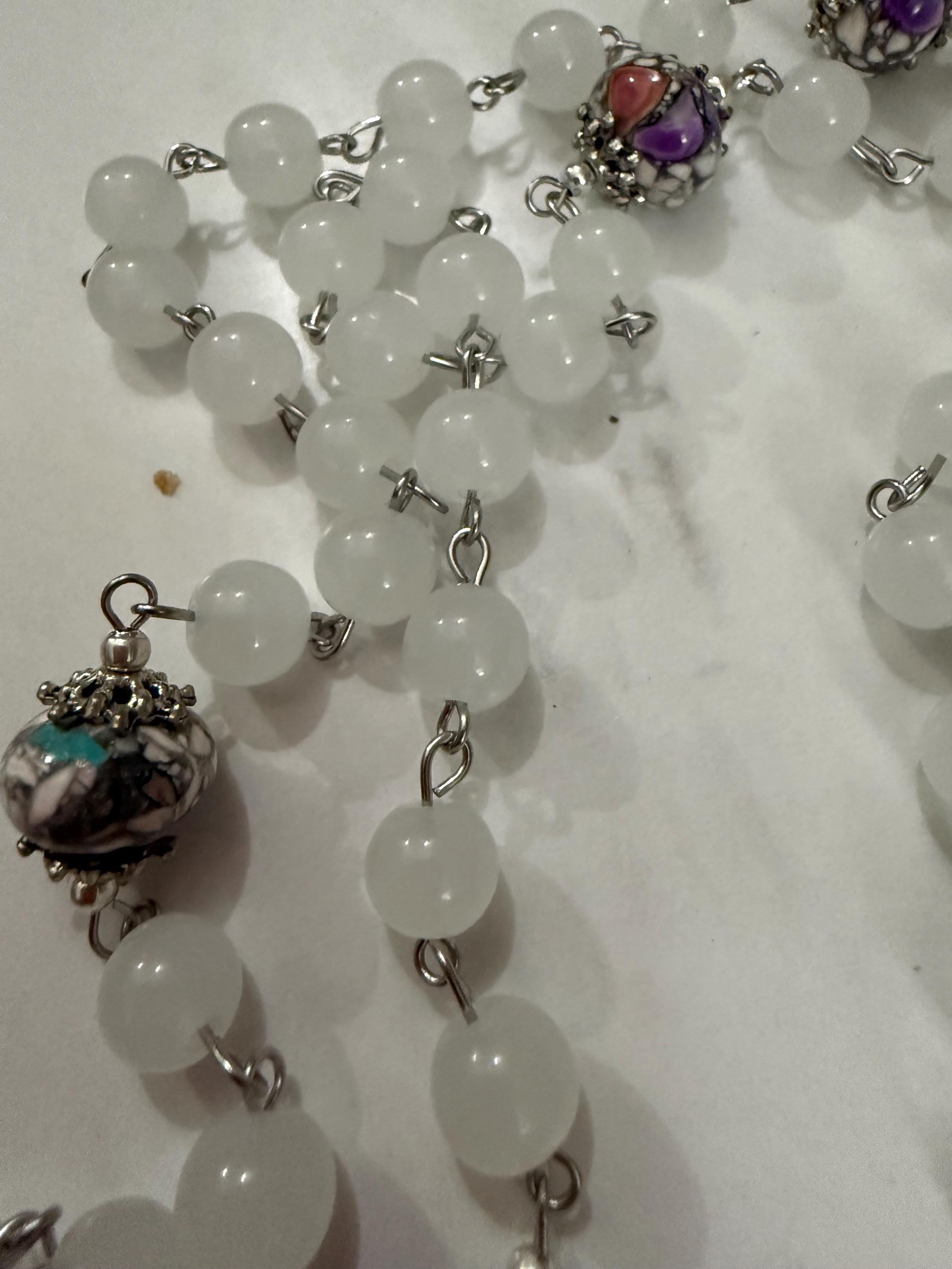 White Stone Rosary with Silver-Capped Accent Marble “Our Father” Beads.