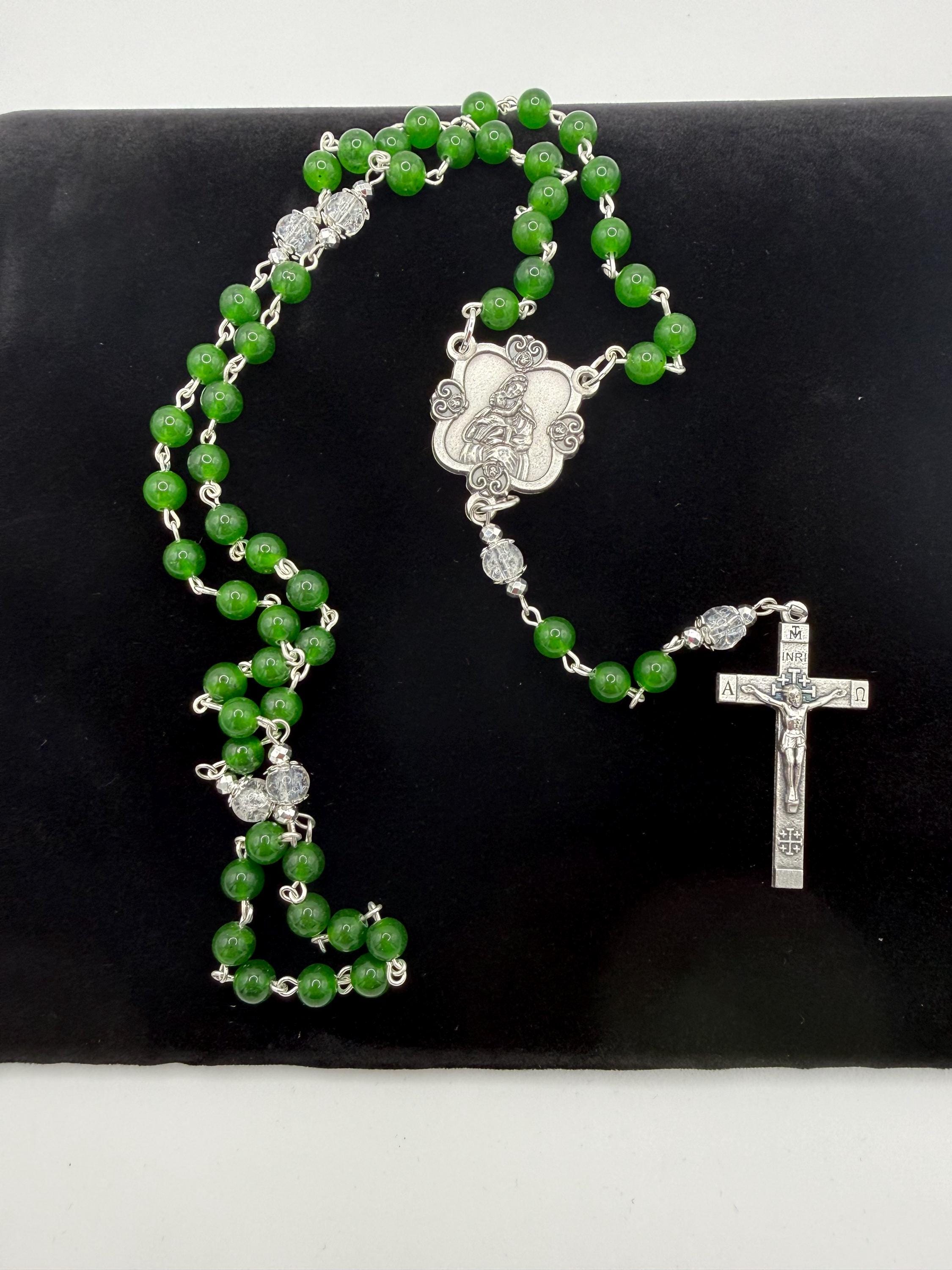Handmade Green Rosary - Catholic Prayer Beads with Silver Madonna Centerpiece