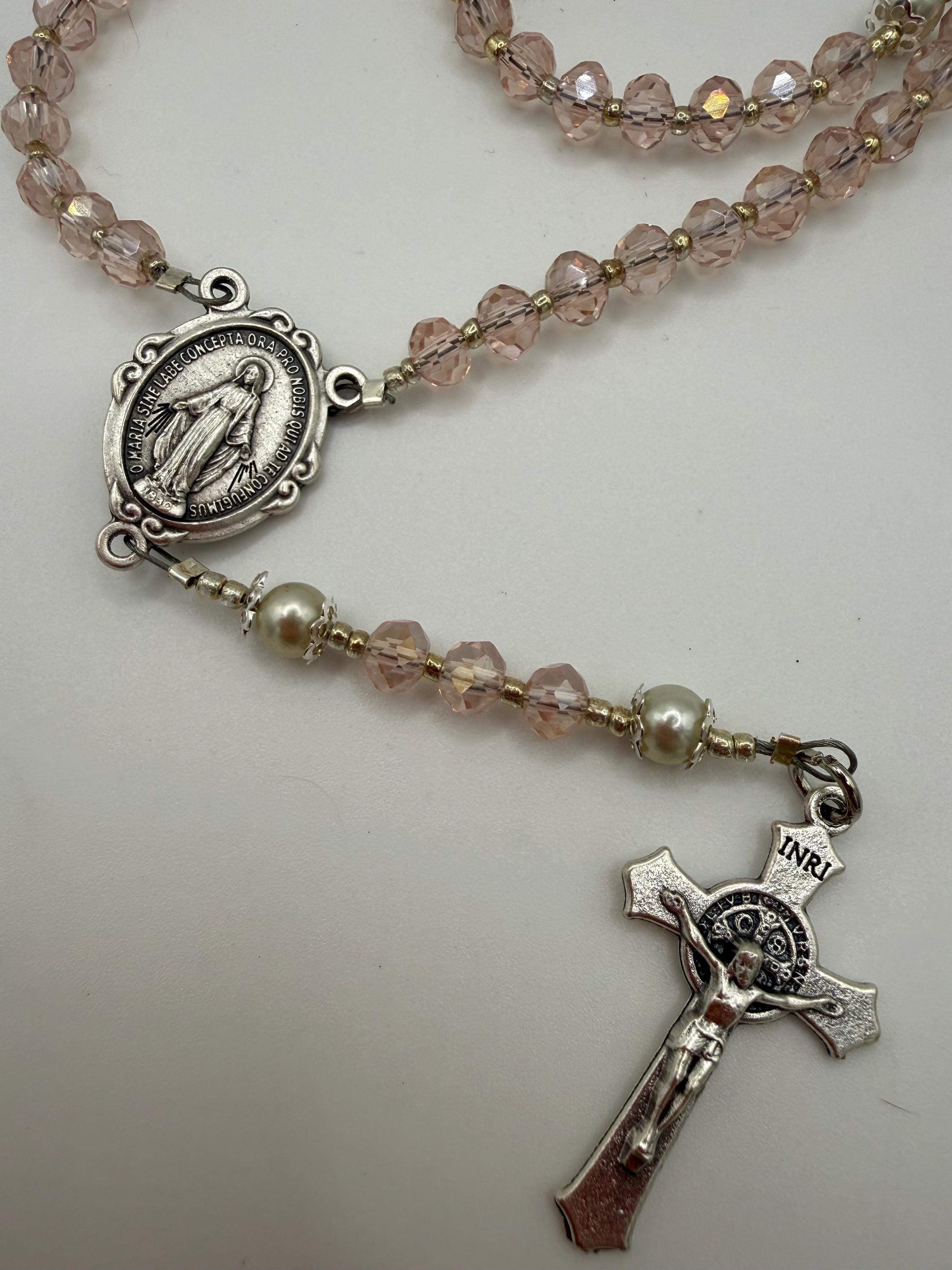 Child's First Rosary - Blush Pink Crystal Beads, Silver Crucifix