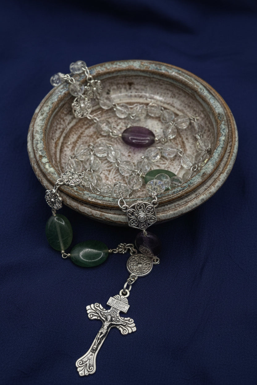 Clear Crystal Rosary, Natural Stone Our Father Beads, Holy Family Center