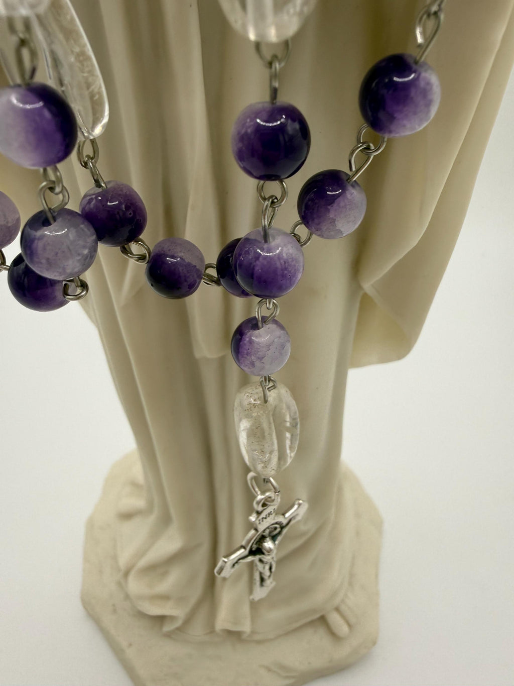 Purple Cracked Glass Rosary with Clear Quartz, Blessed Mother & St. Pope Leo Medal
