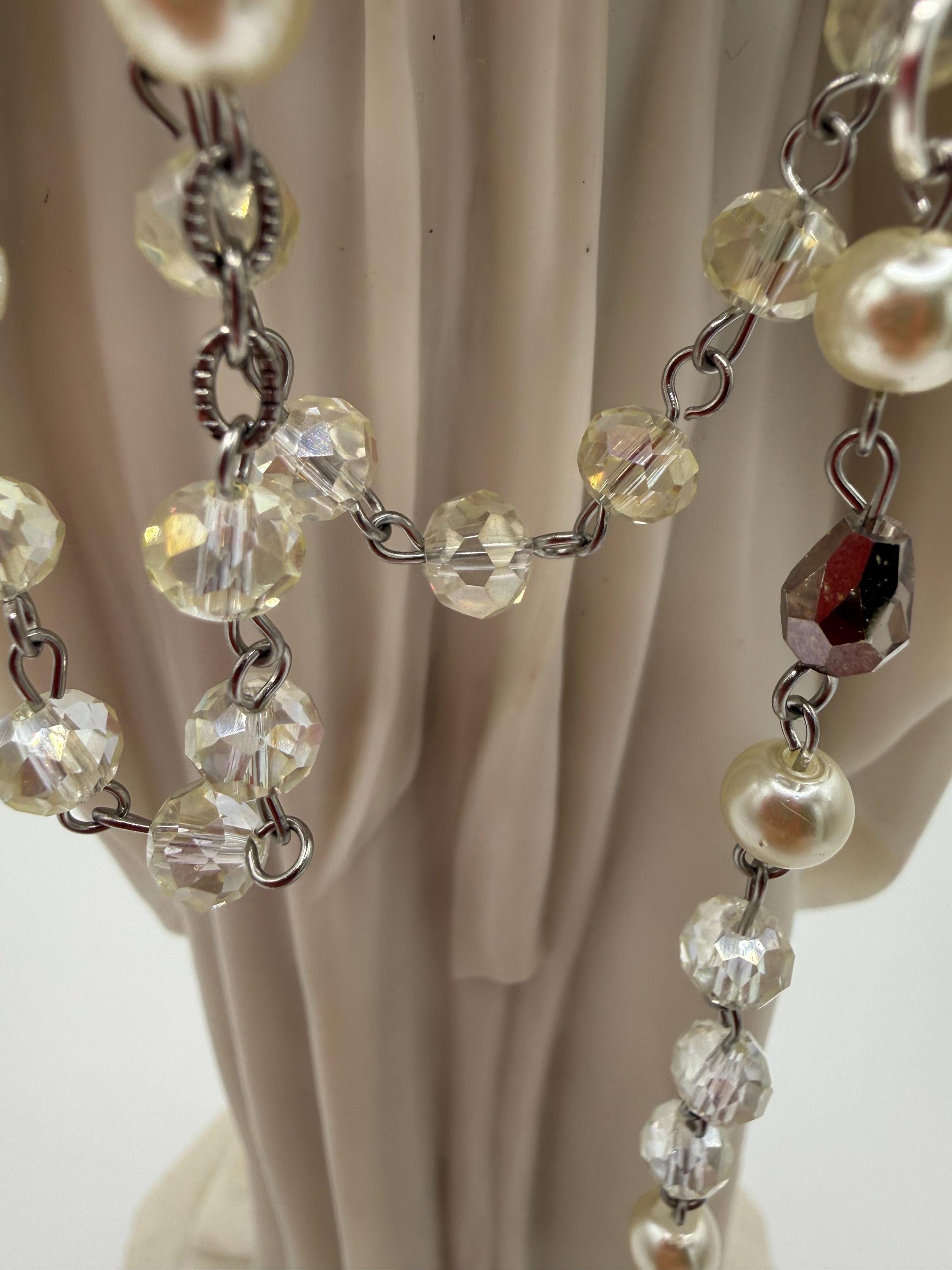 Handcrafted Catholic Rosary - Clear Crystal & Faux Pearl Beads with St. Benedict Crucifix and Sacred Heart Centerpiece - Traditional Prayer