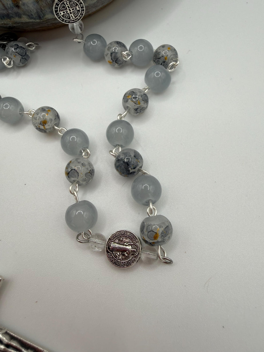 Gray Glass Rosary, Miraculous Medal, St. Benedict Accents, Silver Crucifix