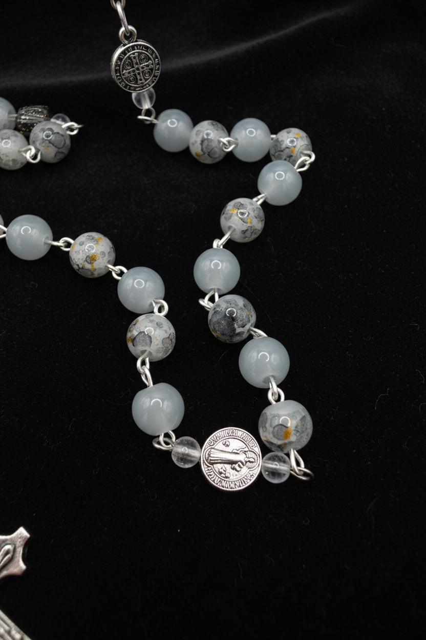 Gray Glass Rosary, Miraculous Medal, St. Benedict Accents, Silver Crucifix