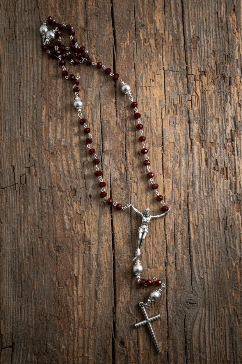 Handmade Catholic Rosary Crucifix | Silver Tone Cross with Red Accent Bead Rosary Crucifix
