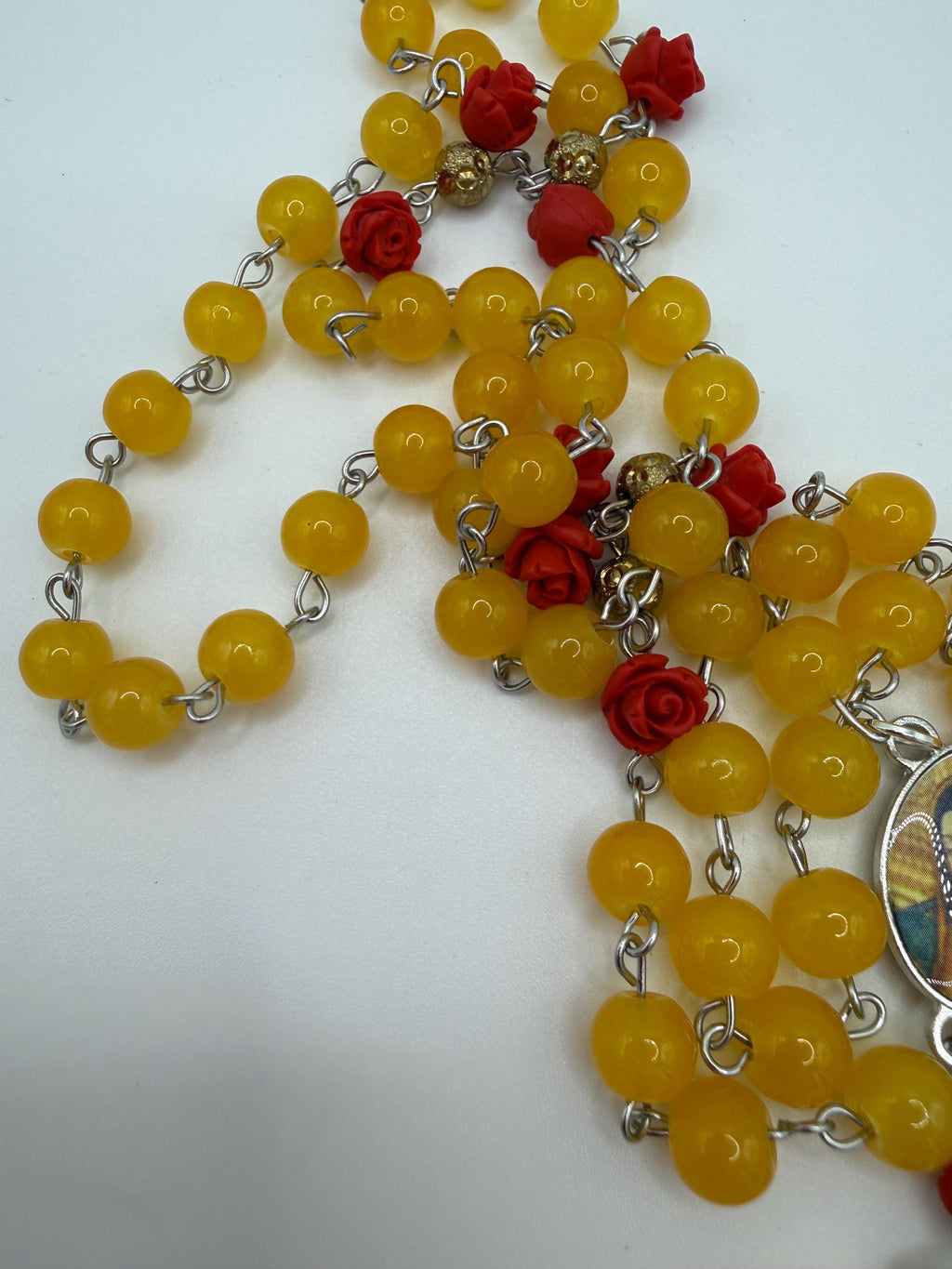 Yellow Glass Bead Rosary With Red Rose Accents, Our Lady of Guadalupe Center