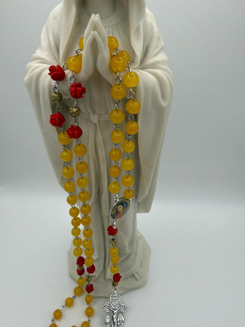 Yellow Glass Bead Rosary With Red Rose Accents, Our Lady of Guadalupe Center
