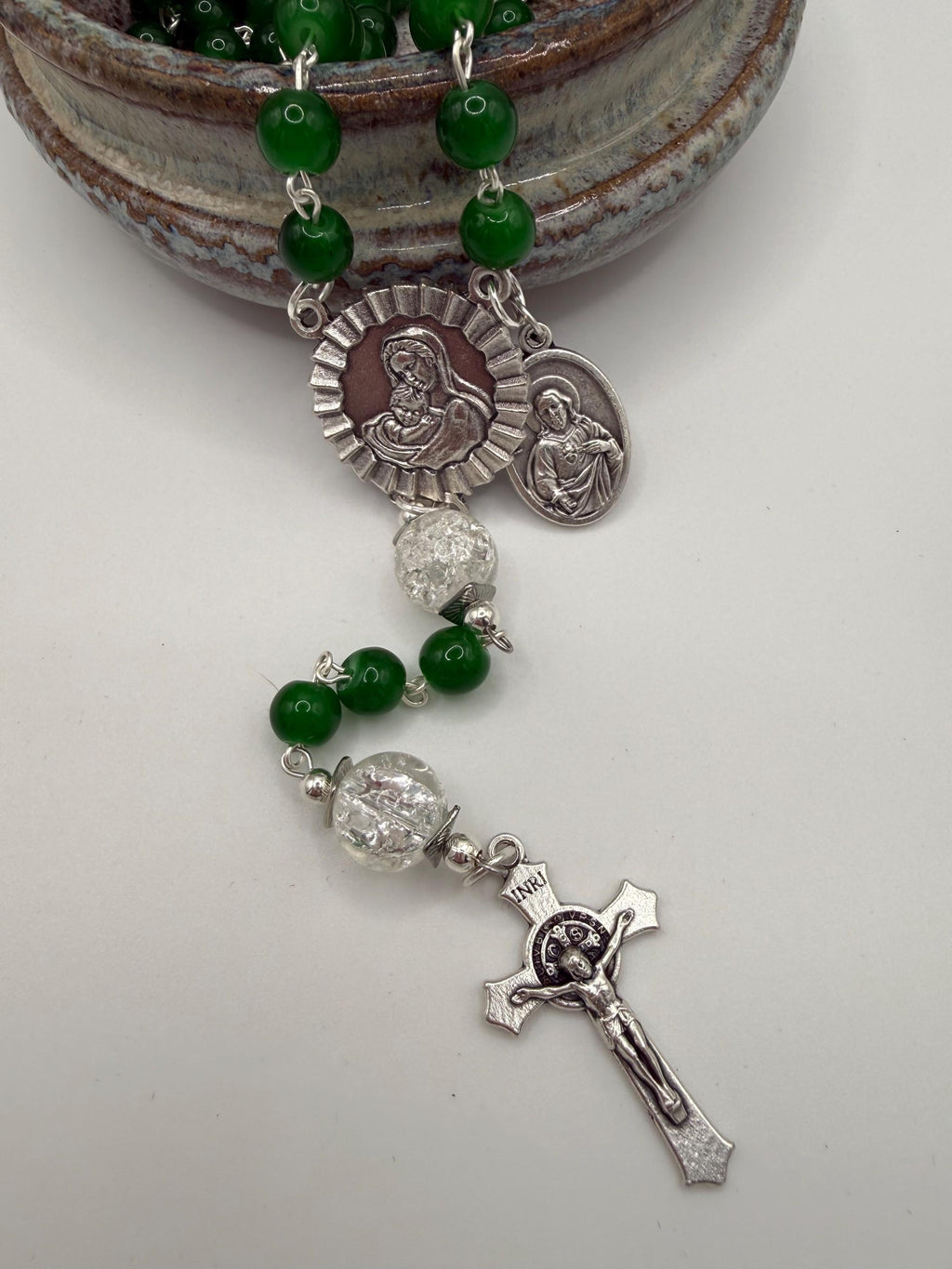 Handmade Green Rosary with Crackle Glass Beads, Miraculous Medal & Crucifix
