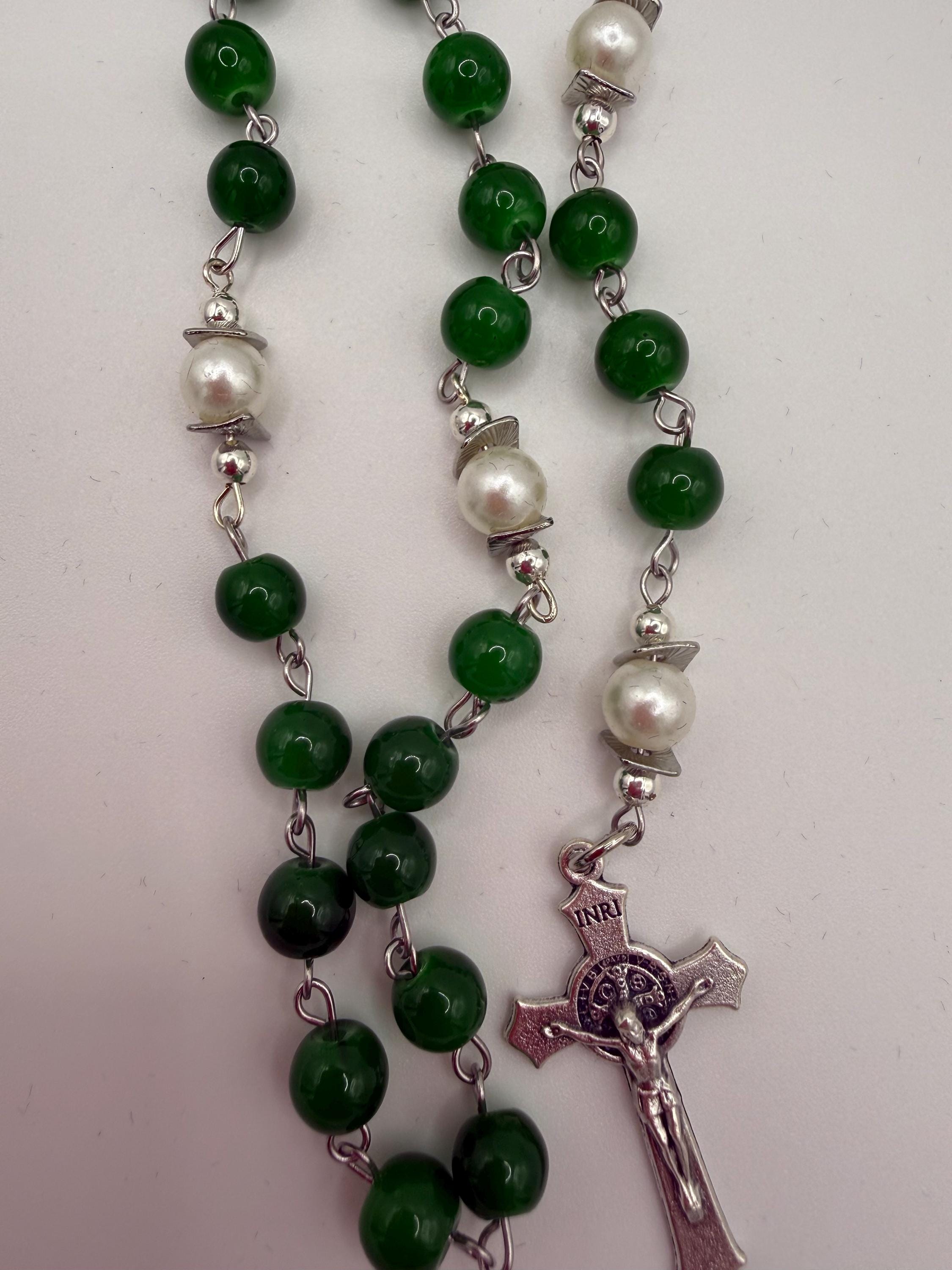 Handmade Green Rosary - Catholic Prayer Beads with Silver Madonna Centerpiece