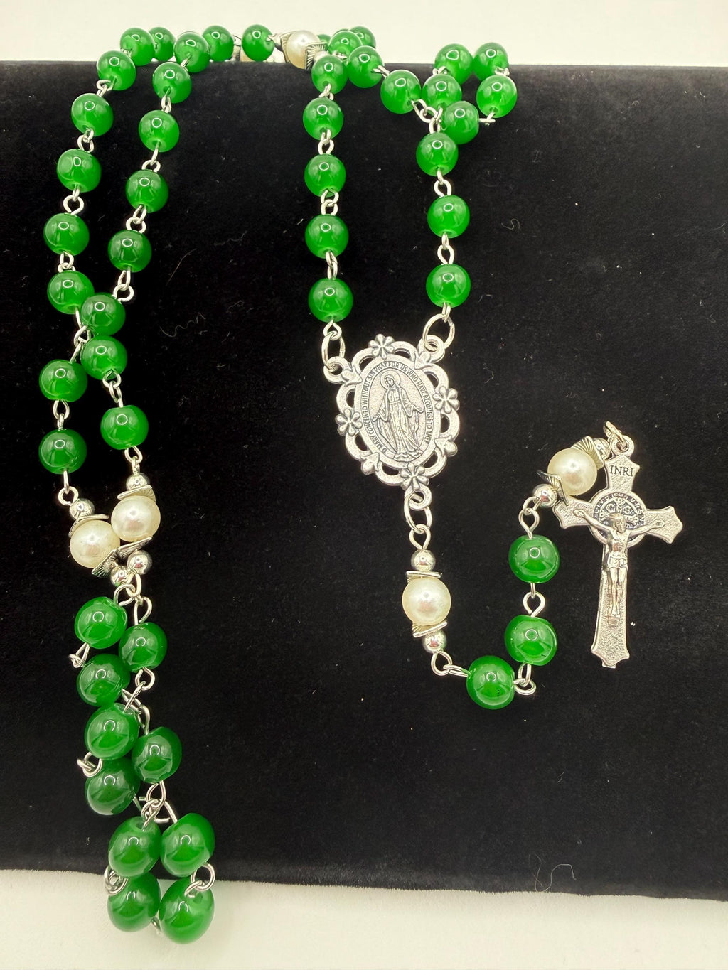Handmade Green Rosary - Catholic Prayer Beads with Silver Madonna Centerpiece