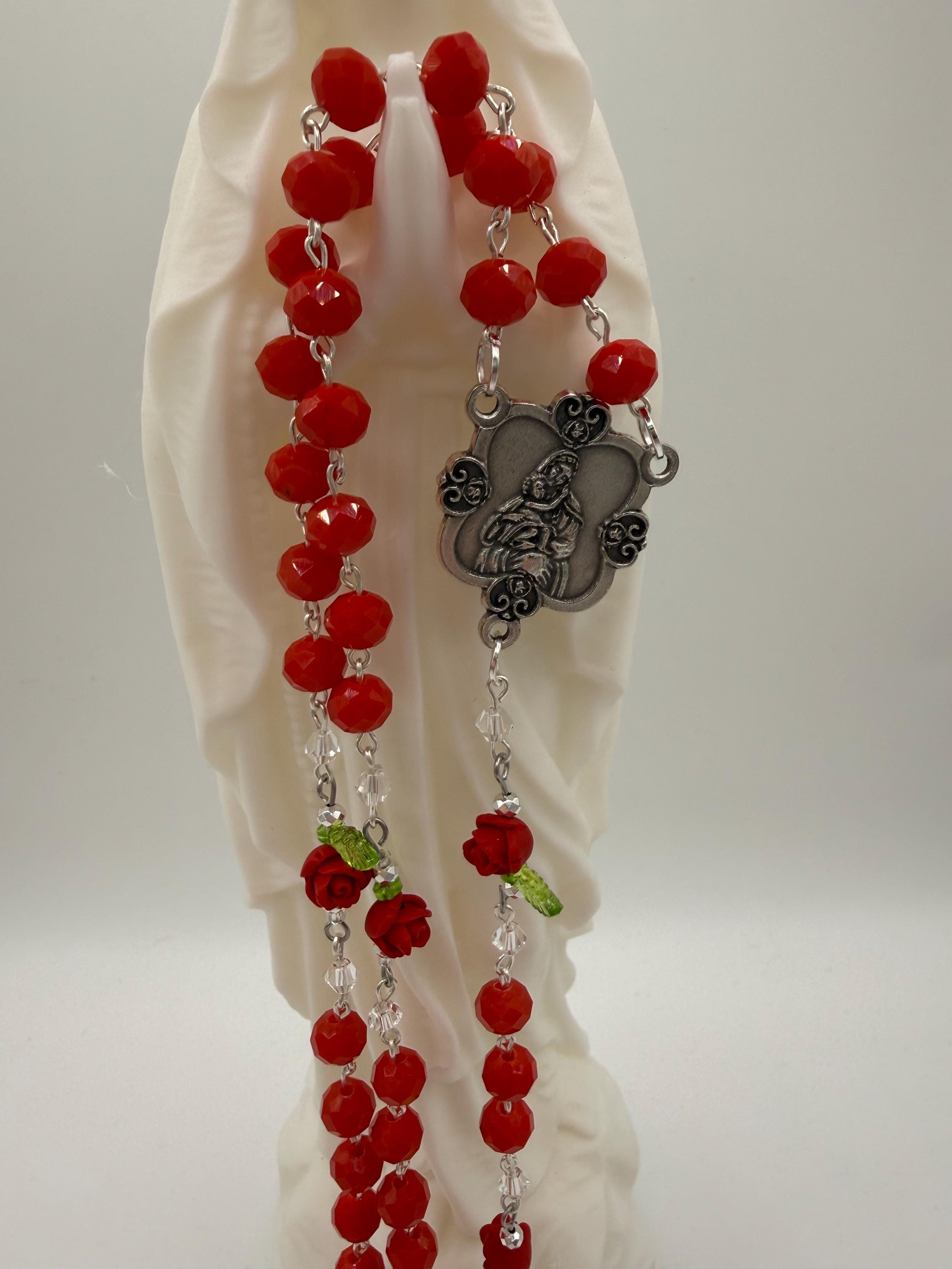 Red Crystal Rosary with Rose Beads - Handmade Devotional Gift