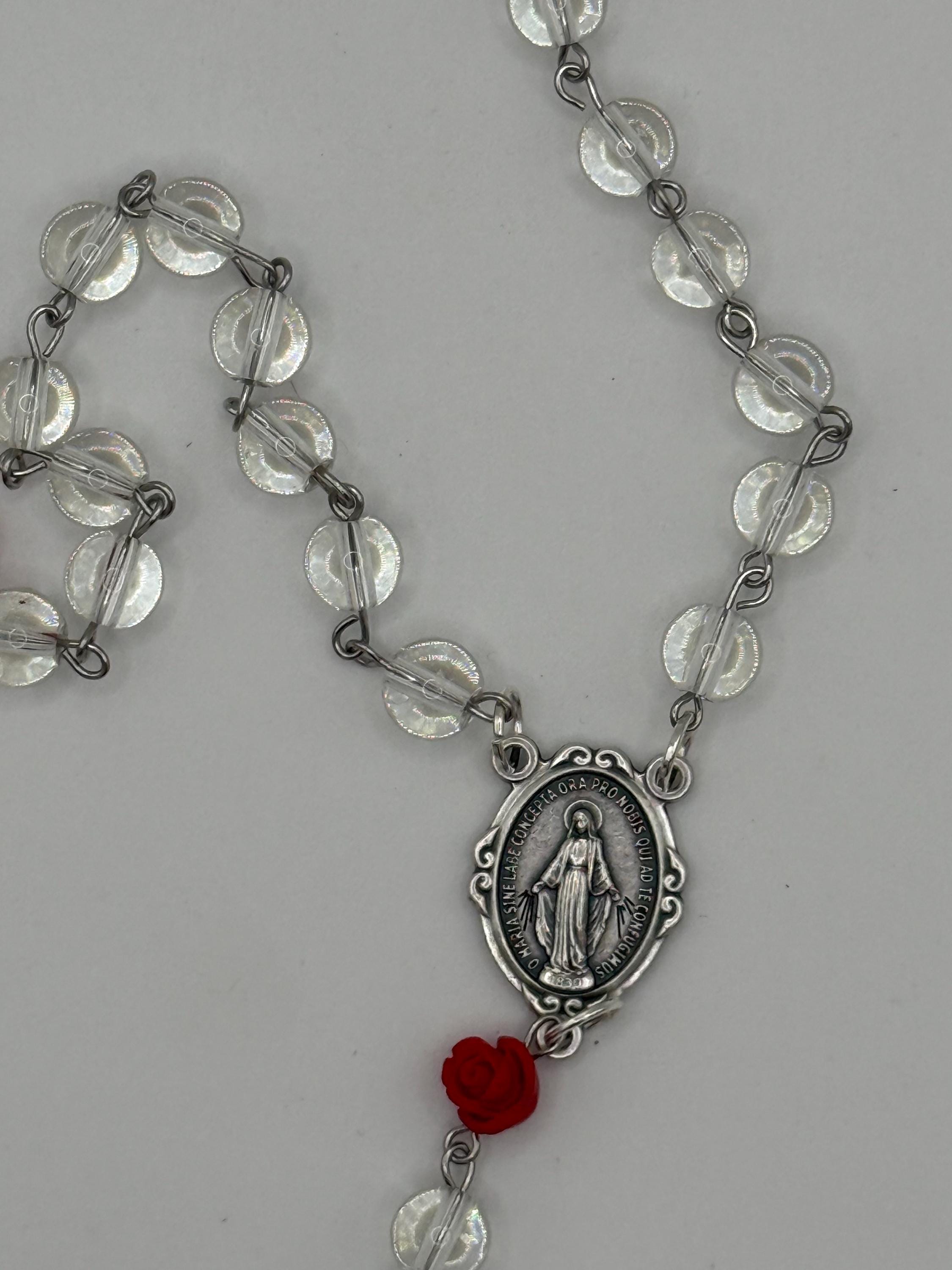 Clear Glass Rosary, Red Rose Beads, Miraculous Medal