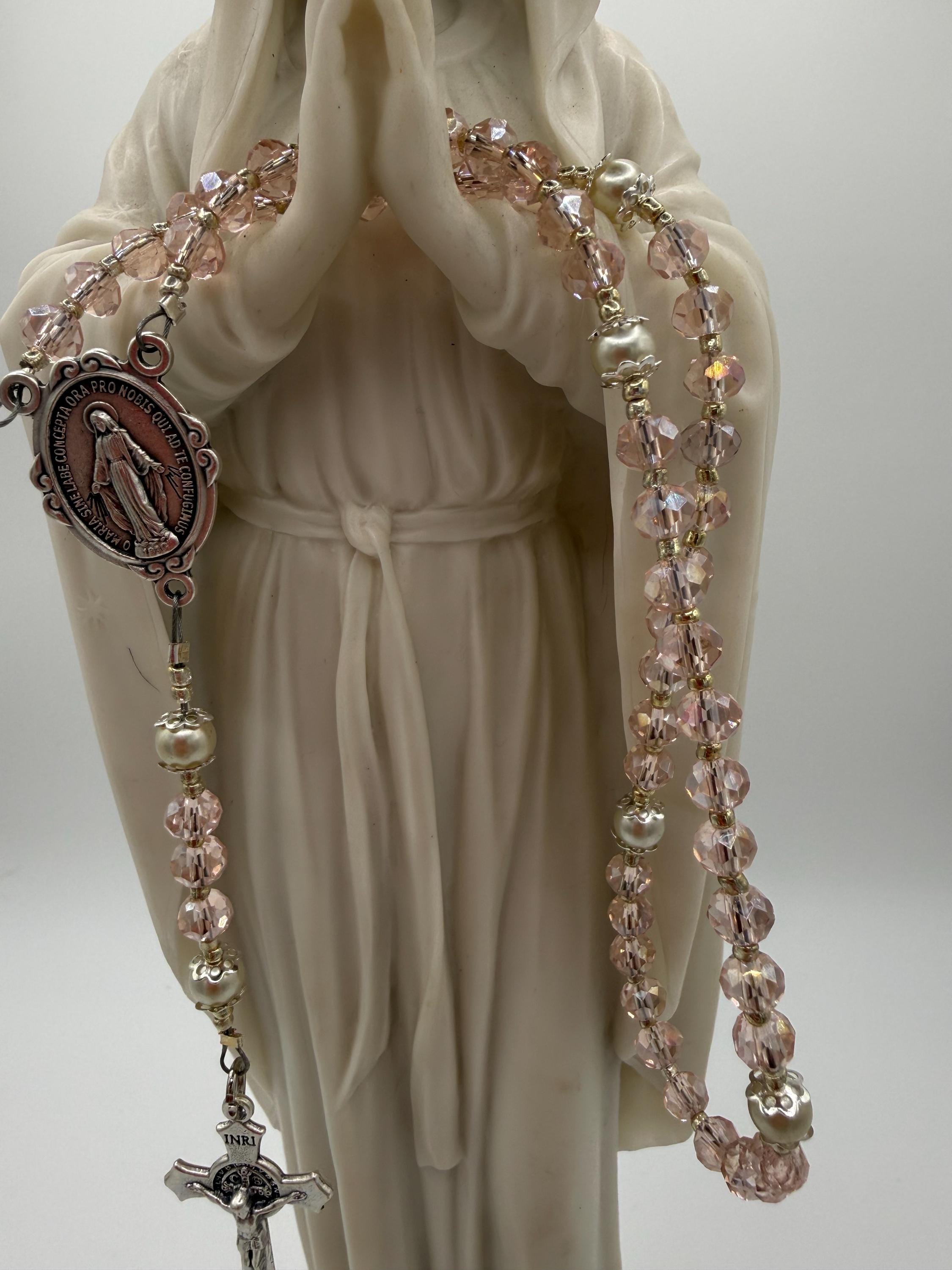 Child's First Rosary - Blush Pink Crystal Beads, Silver Crucifix