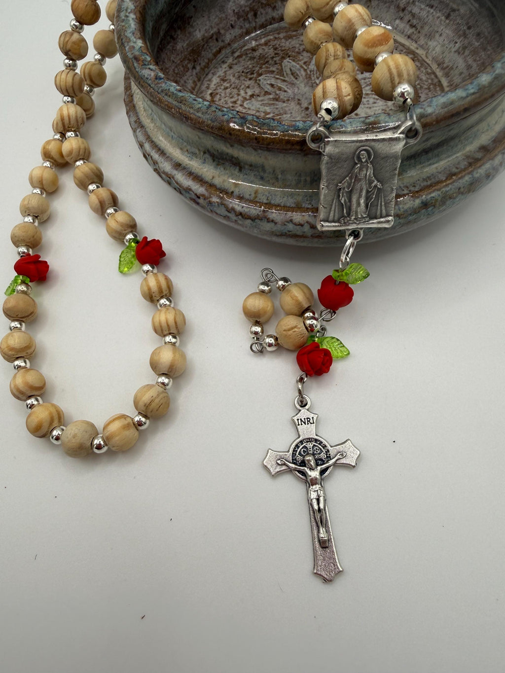 Wooden Rosary, Silver-toned Spacers, Red Rose  “Our Father Beads”