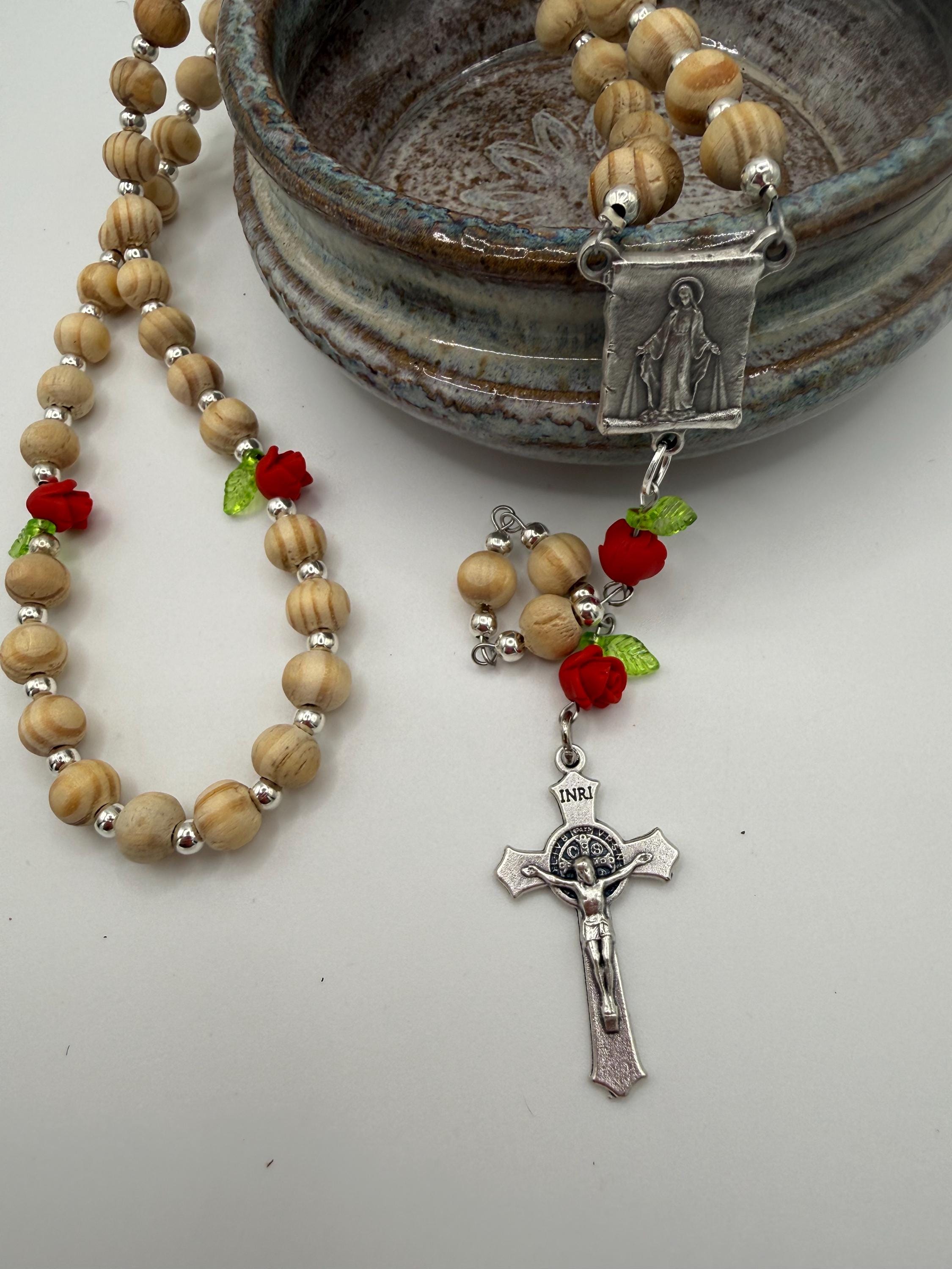 Wooden Rosary, Silver-toned Spacers, Red Rose  “Our Father Beads”