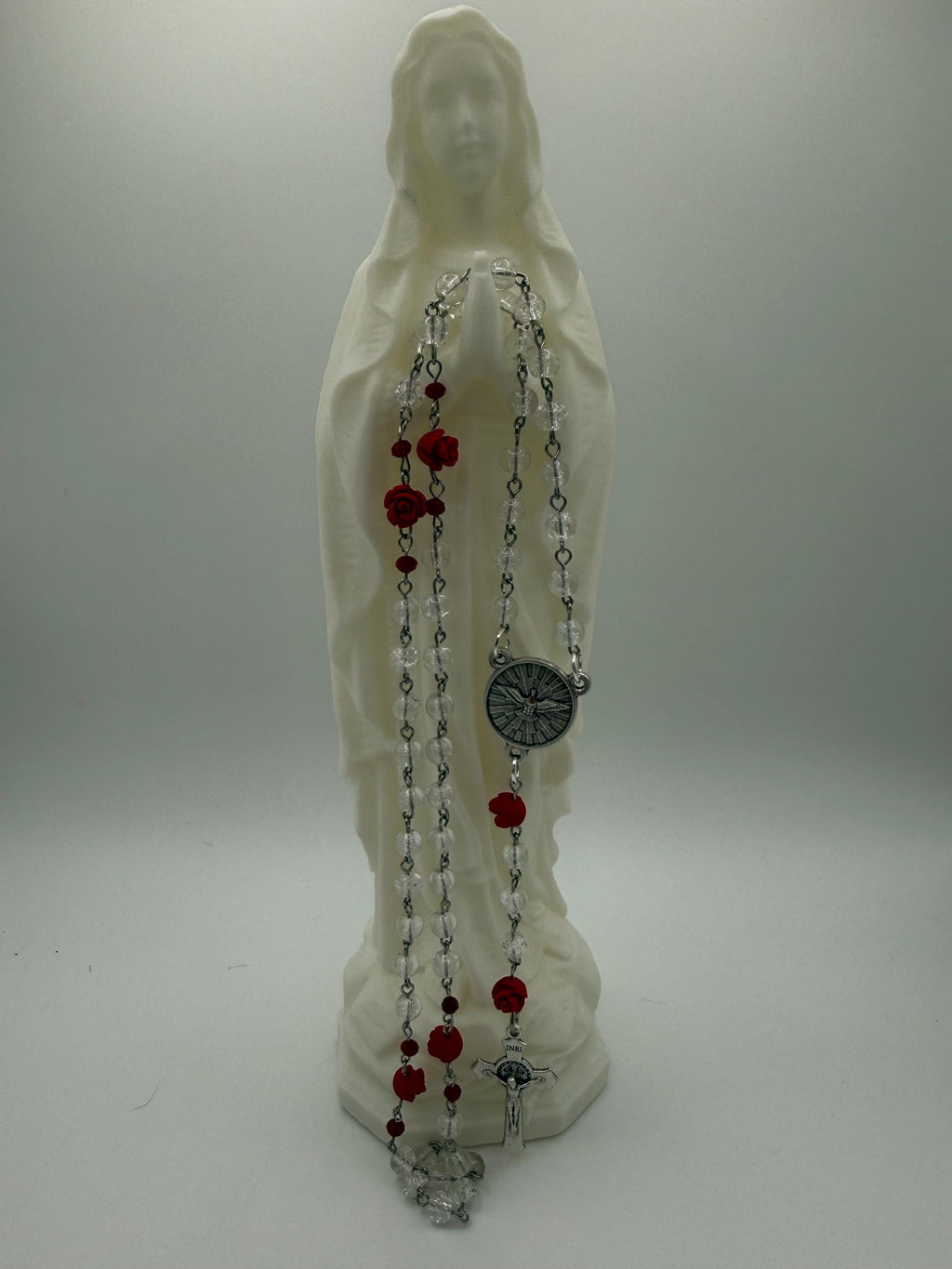 Clear Crackle Glass Rosary, Red Rose Beads, Holy Spirit Center, St. Benedict Crucifix