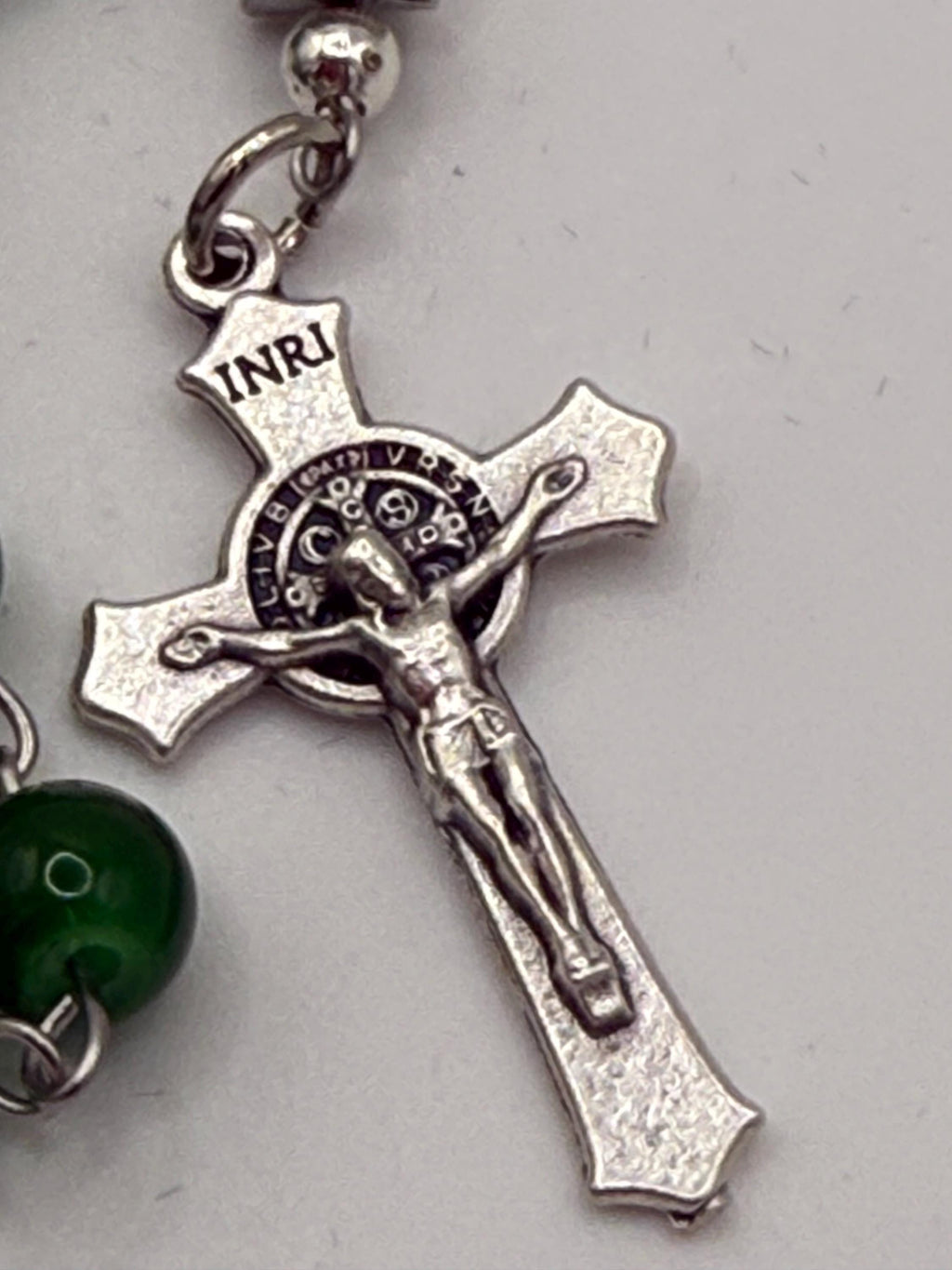 Handmade Green Rosary - Catholic Prayer Beads with Silver Madonna Centerpiece